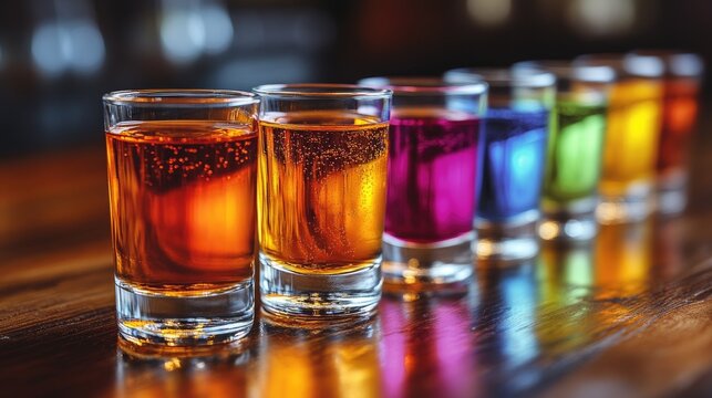 Colorful assortment of alcohol shots on a wooden bar top showcasing vibrant hues of orange, purple, blue, and green drinks in glasses