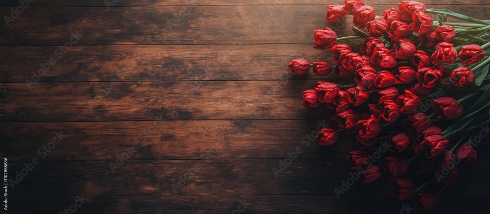 Poster Red tulips arranged on a rustic wooden surface with negative space for custom text or messages in an aerial view composition
