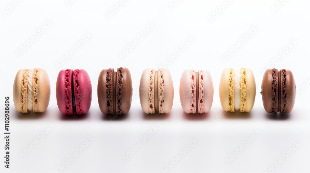 Poster variety of colorful macaroons displayed in a row on a clean white background showcasing their unique