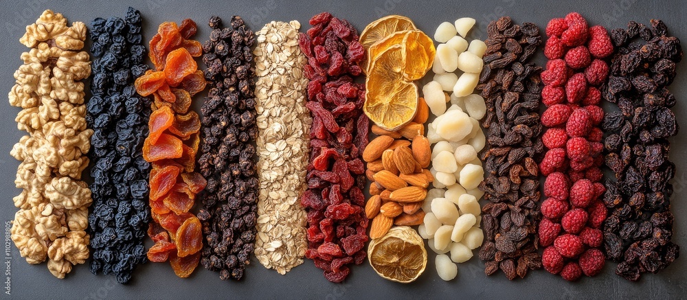 Poster colorful array of dried fruits and nuts beautifully arranged on a textured gray background for healt