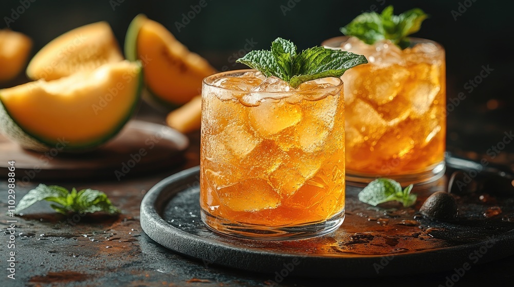 Poster refreshing cantaloupe soda with mint leaves served over ice in stylish glasses on a dark surface wit