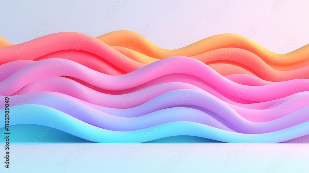 Poster a colorful abstract wave pattern in soft gradients of pink, orange, and blue, creating a smooth and 