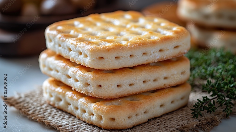 Poster stack of dry biscuit cakes on a jute napkin against a white background showcasing a rustic and minim