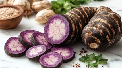 Fresh uncooked taro root sliced on a marble surface with herbs and garlic in the background for culinary and healthy cooking concepts