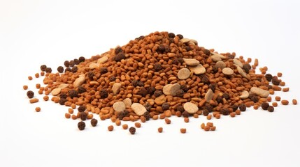 Pet food mix of dry cat and dog kibble arranged on a clean white background showcasing nutritional diversity for pet owners and retailers.