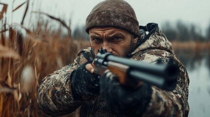 Fototapeta premium Hunter aims his rifle at a target near the water surrounded by tall reeds on a foggy day in autumn