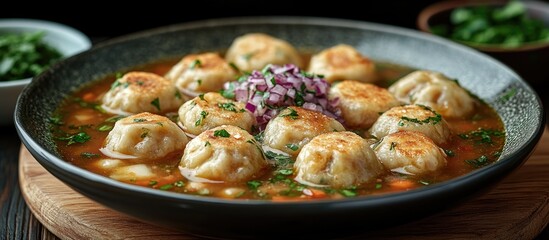 Dumplings in rich borsch broth garnished with herbs and onions served in a stylish bowl on wooden surface