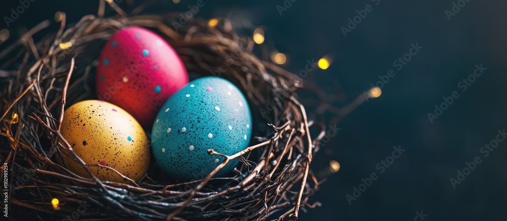 Poster colorful easter eggs in a decorative nest with twigs and soft lighting against a dark background cre