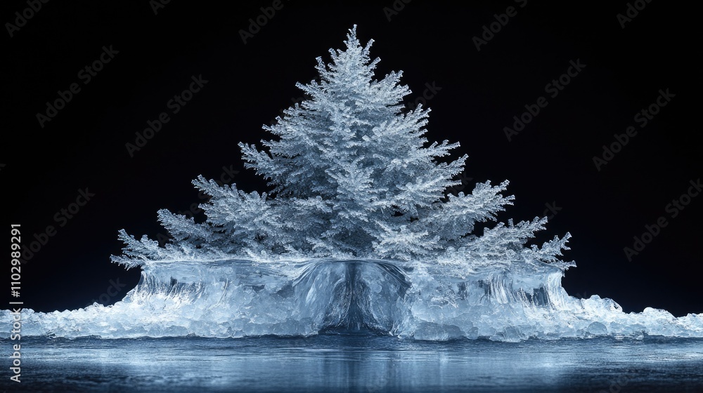 Poster frosted christmas tree design with ice cube garland against a dramatic black background creating a m