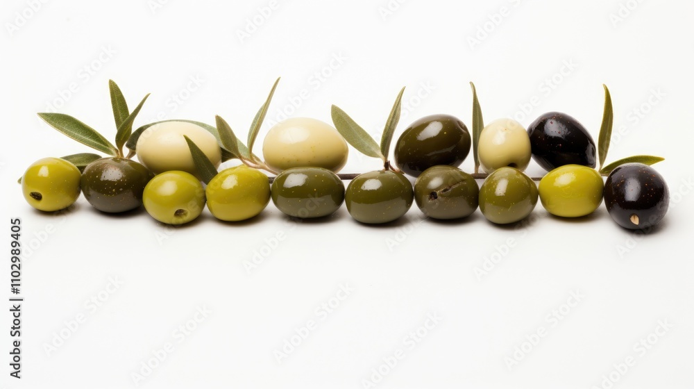 Poster stuffed olives arranged in a visually appealing line on a clean white background showcasing various 