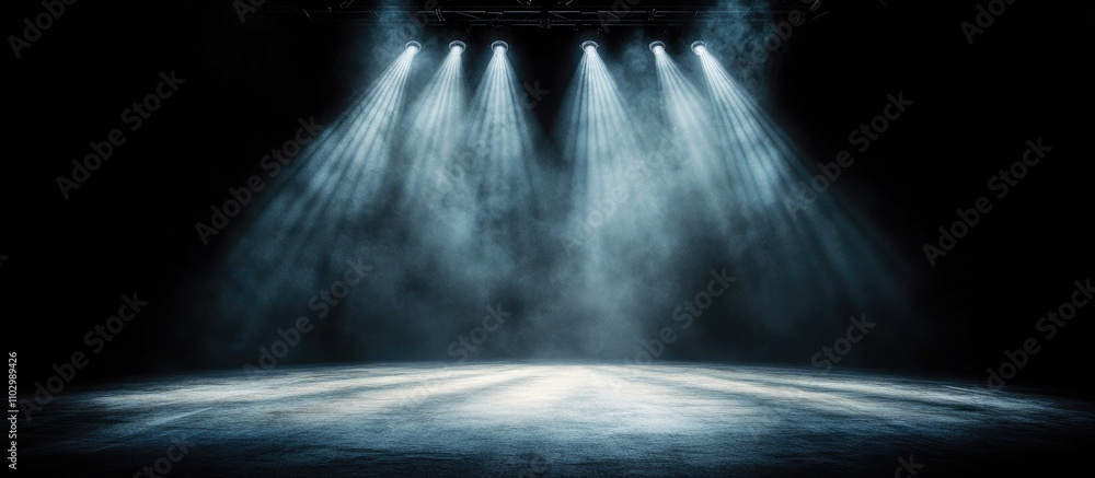 Poster dynamic stage lighting effects with beams creating an abstract pattern in a smoky environment for th