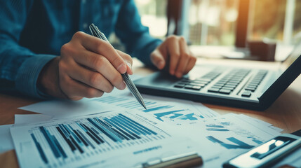 Analyzing the Data: A close-up shot of a businessman's hands meticulously analyzing financial data on a laptop, pen in hand, showcasing dedication and strategic thinking. 
