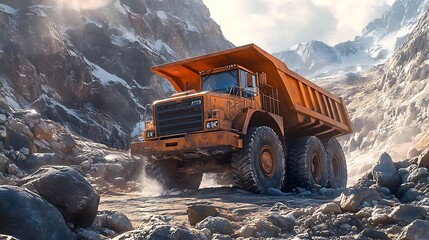 Side view of a giant dump truck navigating a rocky quarry, overflowing with large boulders, steep cliffs surrounding the truck, vibrant sunlight creating dramatic highlights,