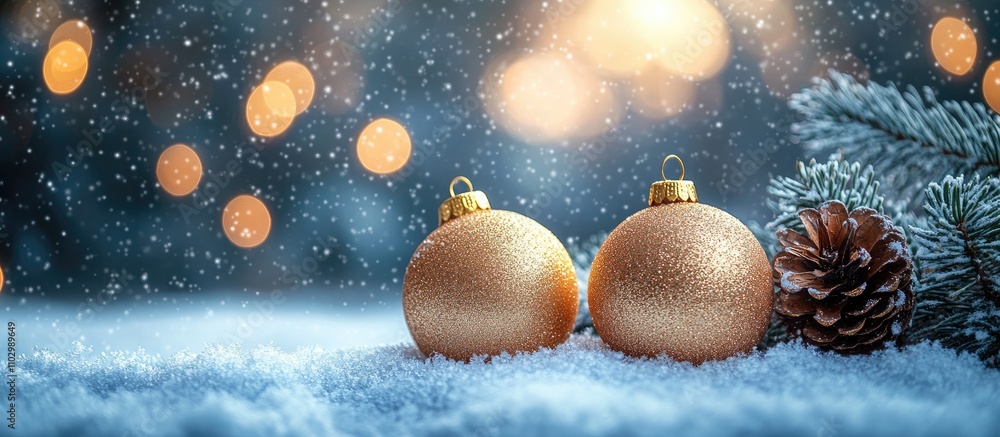 Poster golden christmas ornaments on snowy background with pinecone and festive bokeh lights creating a war