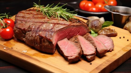 Succulent grilled steak with fresh herbs and ripe tomatoes on a wooden cutting board showcasing gourmet culinary presentation