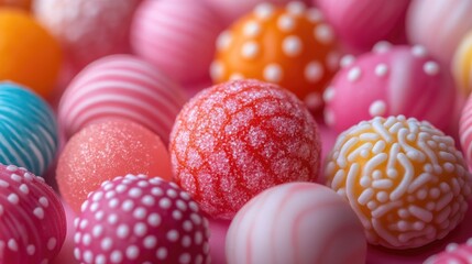 Obraz premium colorful assortment of textured candies in vibrant shades and patterns showcasing confectionery artistry and culinary creativity