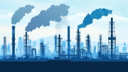 Oil refinery concept. Environmental impact infographic showing emissions and mitigation efforts in oil refining operations. Flat illustration