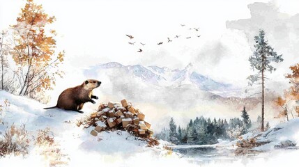 Obraz premium Beaver building a gift pile in a winter woodland nature illustration gentle forest scene cozy winter concept
