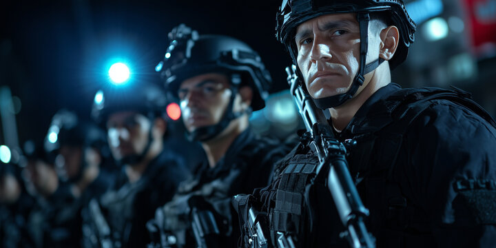 group of serious police officers in tactical gear stand in line at night, ready for action. scene is tense, with bright lights illuminating their determined expressions