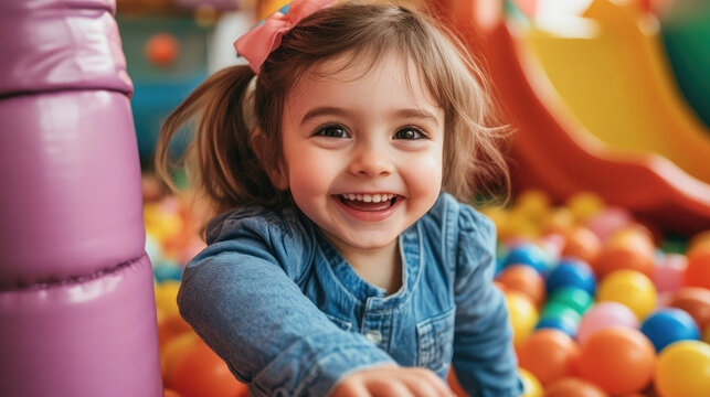 A young girl is smiling and playing in a ball pit