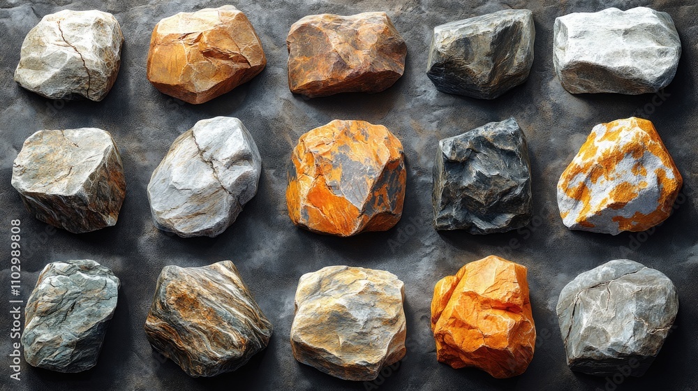 Poster collection of 20 unique rock types displayed on a textured background showcasing their natural color