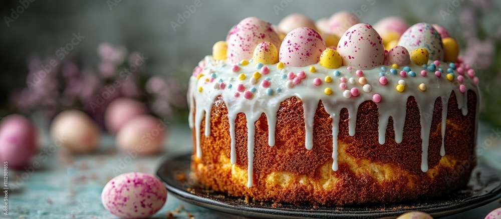 Aufkleber easter cake with colorful icing and decorations on a white background featuring space for text and f