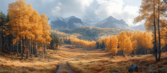 Fototapeta premium Autumn landscape featuring vibrant golden trees and majestic mountains under a cloudy sky with a serene path winding through the scenery