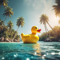 A bright yellow rubber duck gently floating on the calm surface of the water, its vibrant color contrasting against the serene backdrop.