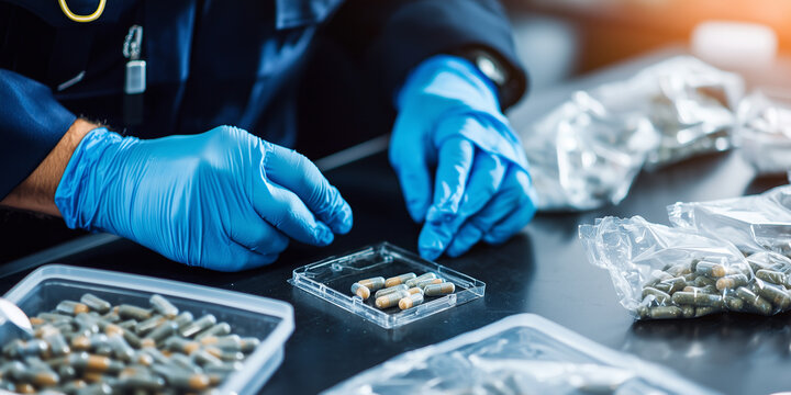 police officer wearing blue gloves examines evidence in drug case, handling capsules and bags on laboratory table. scene is focused and professional