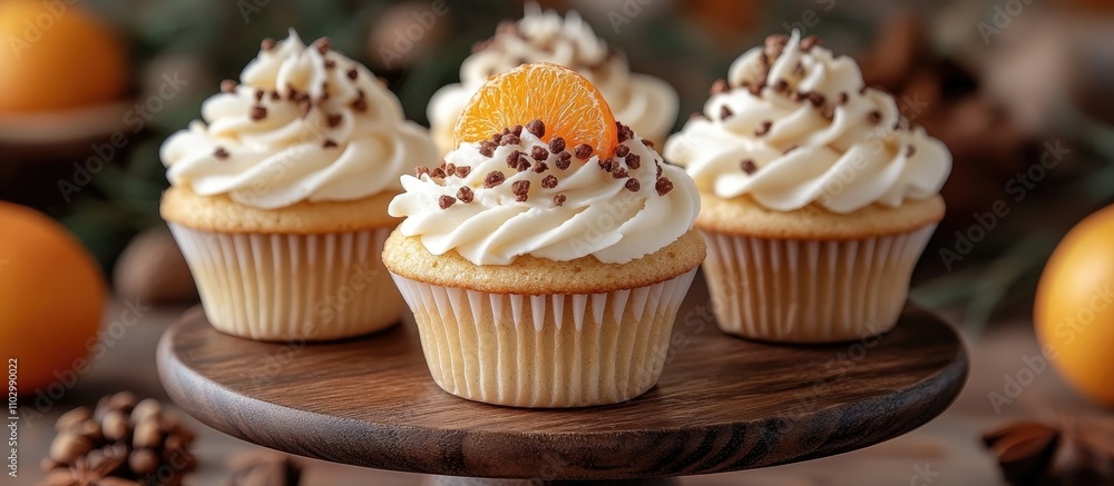 Aufkleber easter carrot cupcakes with cream frosting and apricot slice on rustic wooden stand surrounded by or