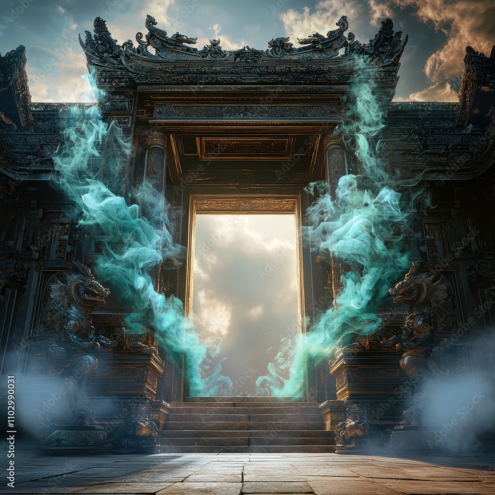Poster unveiling the ancient bronze portal with jade smoke wisps in a mystical temple setting for enigmatic