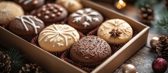 Delicious assortment of festive holiday cookies in decorative box on rustic wooden table with Christmas decorations and lights