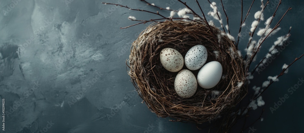 Poster nest with decorative eggs and soft spring branches on a textured background symbolizing easter and s