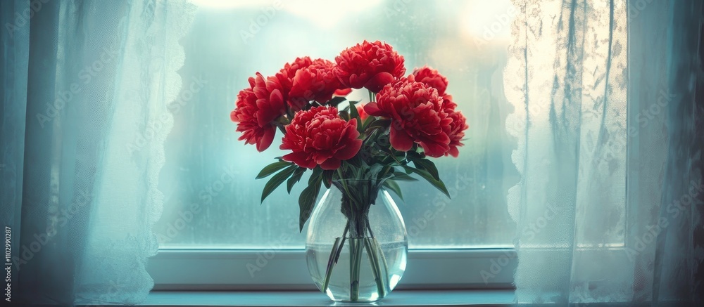 Poster lush red peonies in a vase on a windowsill with soft curtains creating a serene and inviting home se