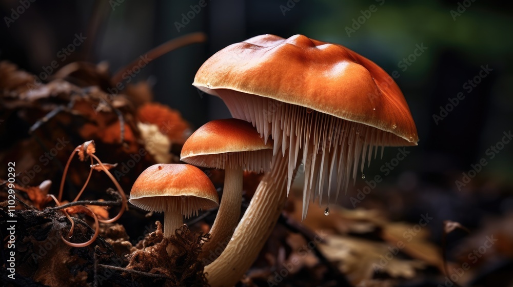 Poster vibrant close-up of a cluster of brown mushrooms with distinct caps and visible gills nestled among 
