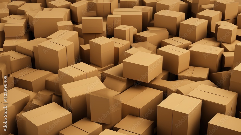 Poster dense arrangement of various cardboard boxes creating a textured background for storage logistics or