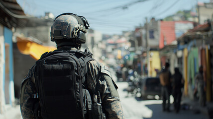 soldier in tactical gear patrols vibrant urban street, highlighting security efforts in bustling neighborhood. scene captures tension and resilience of community