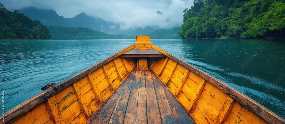 Poster a scenic view of a longtail boat on calm waters surrounded by lush mountains creating a tranquil atm