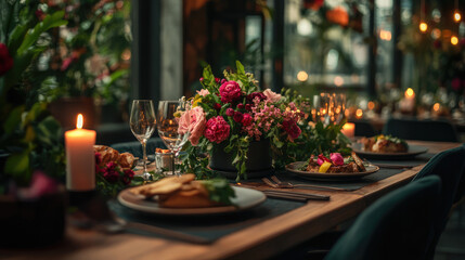 A table with a candle and flowers on it