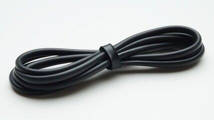 Black cable tie relaxed on a clean white background showcasing its flexible design for organization and management of cables or wires.