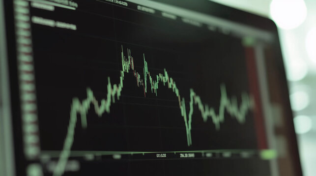 Stock Market Fluctuations: A close-up shot of a computer screen displaying a dynamic stock market graph, with green lines representing fluctuating prices.