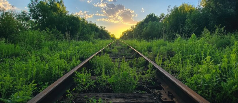 Abandoned railroad track overgrown with grass at sunset symbolizing neglect and the passage of time in infrastructure development