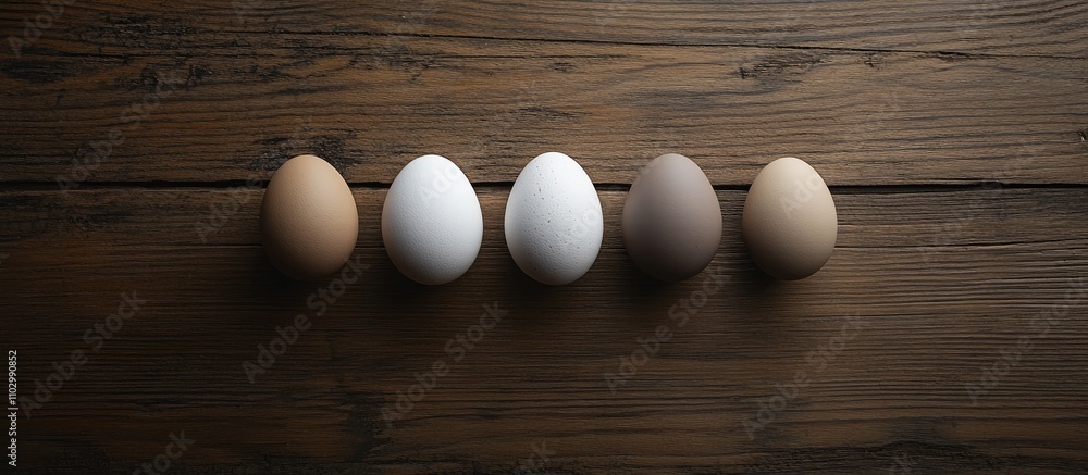 Poster artistic flat lay of assorted eggs arranged on a rustic wooden table creating a visually appealing c