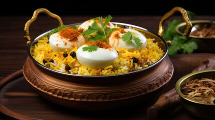 Rich Egg Biryani served in a traditional kadhai garnished with yogurt dip and fresh herbs on a dark wooden background