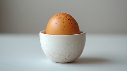 Brown egg placed in a minimalist white cup on a clean white background enhancing the simplicity and elegance of the composition