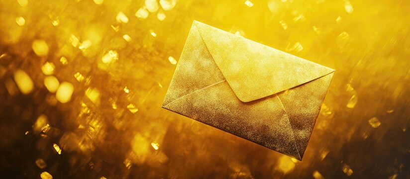Golden envelope on shimmering backdrop conveying luxury and elegance for invitations or special occasions.