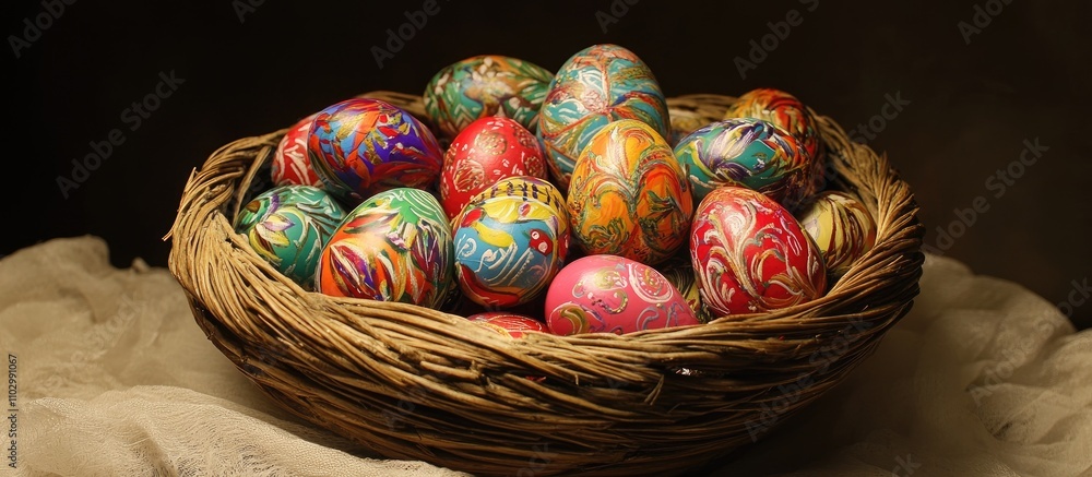 Poster colorful easter eggs arranged in a rustic basket illuminated with soft lighting showcasing intricate