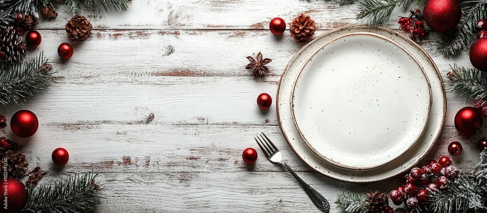 Poster Festive table setting with an empty plate and silverware surrounded by Christmas decorations and greenery on a rustic wooden backdrop