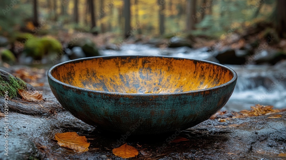 Poster rustic empty bowl resting on rocky terrain near a tranquil stream in a serene forest setting during 