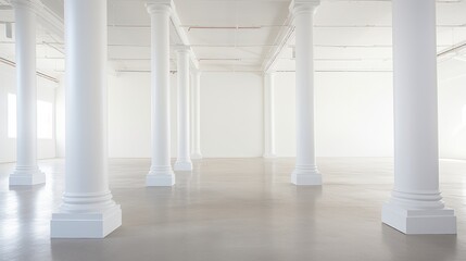 Modern minimalist interior with white walls and architectural columns ideal for creative studio or event space rental.